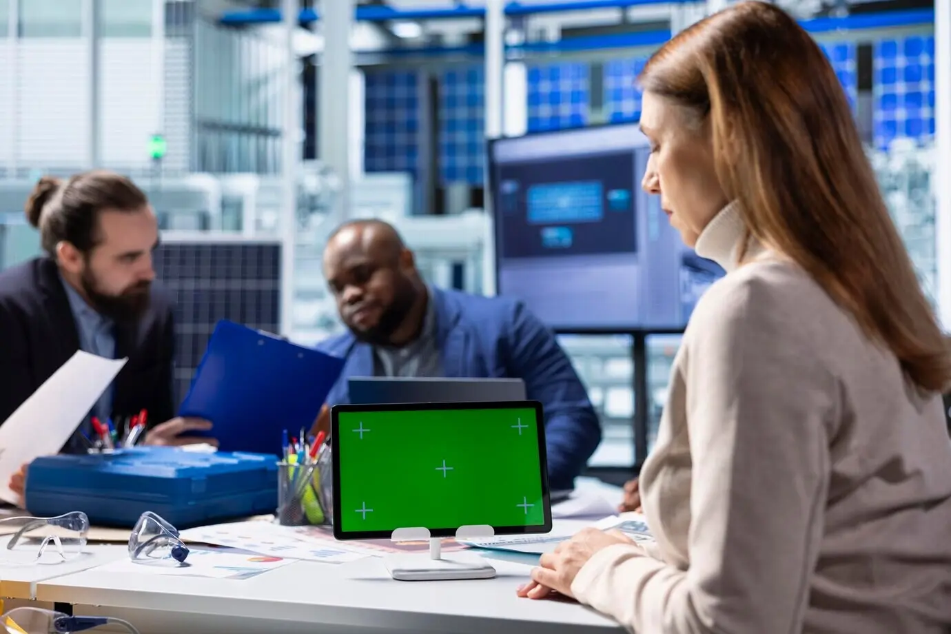 Специалист завода по производству солнечных панелей использует планшет с хромакеем для изучения энергетических систем.